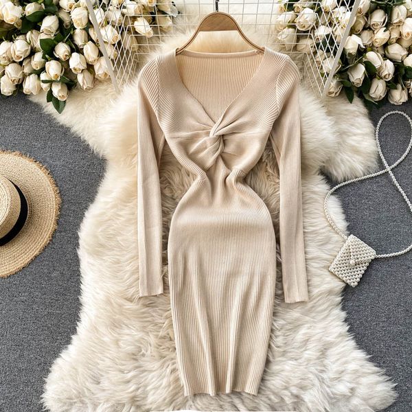 

women knitted pencil dress autumn winter v neck long sleeve elastic slim jumper korean bodycon warm sweater dresses, Black;gray