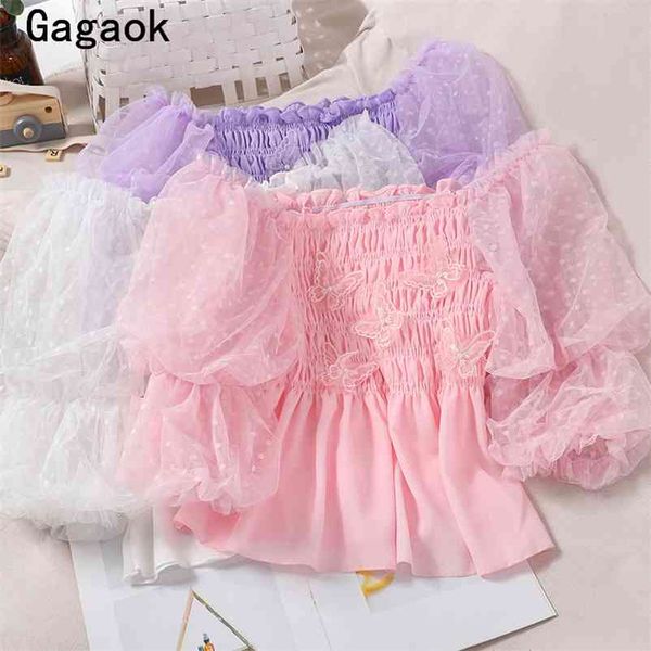 

women sweet short shirt summer slash neck puff sleeve polka dot spliced mesh slim wild korean and blouses 210531, White