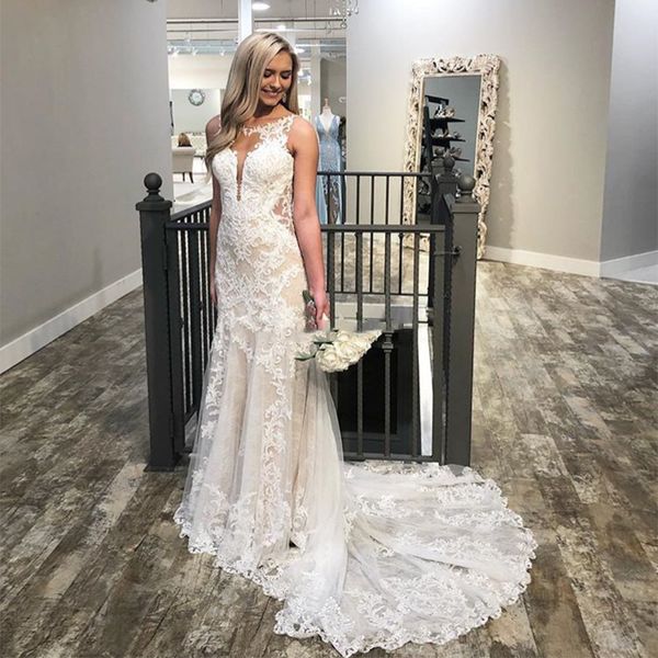 

lace country mermaid wedding dresses bridal gowns sleeveless backless ivory appliqued champagne lining summer boho beach bride dress 2023, White