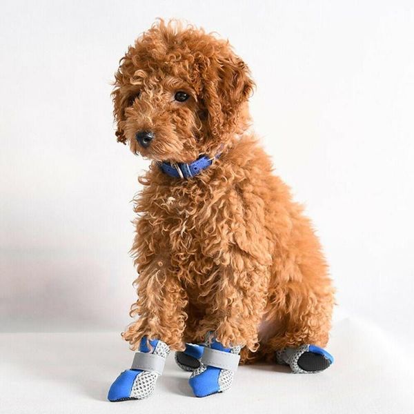 

dog apparel 4pcs shoes anti-slip spring summer pet boots protector reflective straps chihuahua teddy cute breathable net