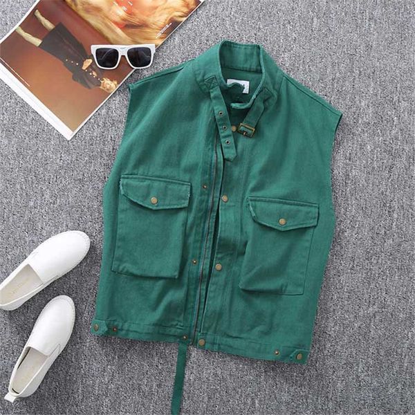 

summer women solid color sleeveless safari cargo denim vest pockets plus size loose female casual outerwear waistcoat 3xl j1mt, Black;white