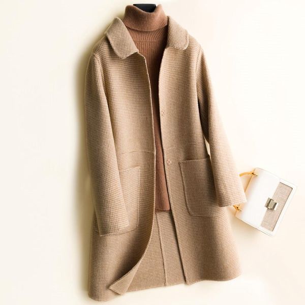 

women's wool & blends autumn winter medium long double sided jacket women office lady outerwear covered button doll collar slim coat fe, Black