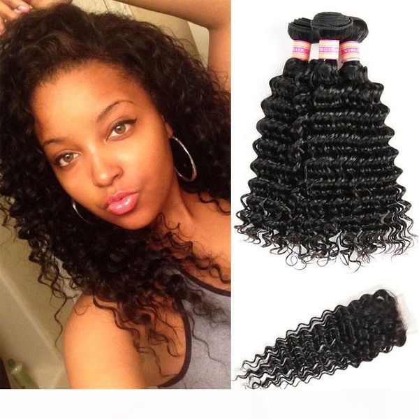 

kinky curly peruvian virgin hair bundles with closure deep wave curly hair weaves human hair lace closure, Black