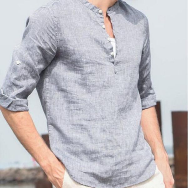 

men's casual shirts men european american vintage linen shirt plus size pure color stand collar button long-sleeved simple clothing, White;black