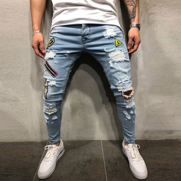 

2021 summer herfst denim katoen straight hole pocket heren broeken concerned men's jeans broek streetwear # t3g, Blue