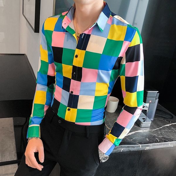 

new estilo britnico primavera novo 2021 camisas de xadrez dos homens manga longa simples clube noturno magro ajuste casual festa/formatura 6, Black;brown