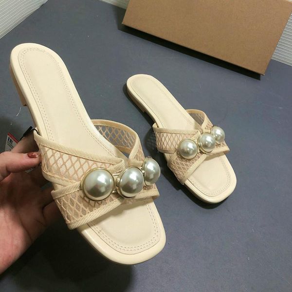 

slippers slides women shoes summer breathable mesh round head flat pearl open toe woman big size elegant flip flops, Black