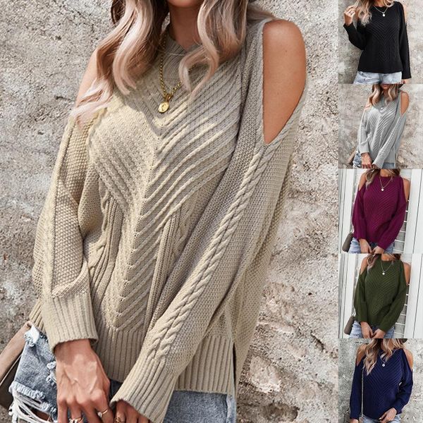 

women's sweaters autumn winter solid color off shoulder pullover sweater women 2021 long sleeved thick stitch knitted all match jumper, White;black