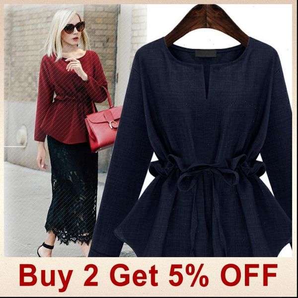 

women ruffle tunic high waist solid blouse cotton linen peplum sashes long sleeves drawstring lace up plus size 5xl, White