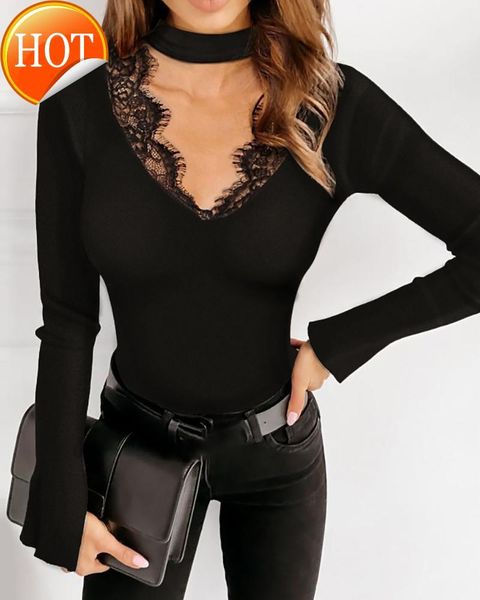 

women's t-shirt 2021 black lace trimi cutout bell sleeve tshirt stitching long-sleeved split women, White