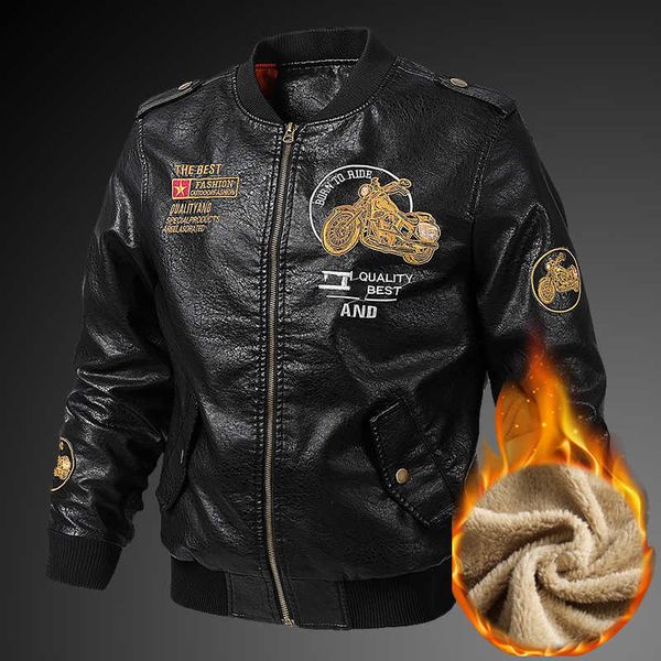 

men's embroidery motorcycle pu leather jackets spring autumn casual baseball coats biker bomber pilot faux leather jacket 5xl 211018, Black