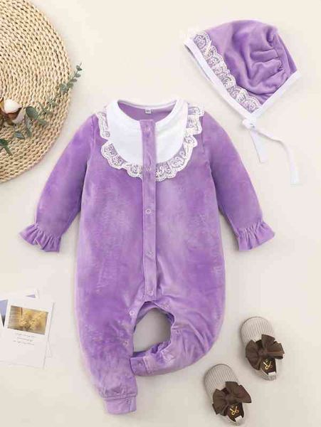 

baby flounce sleeve embroidery mesh velvet jumpsuit with hat she, Blue