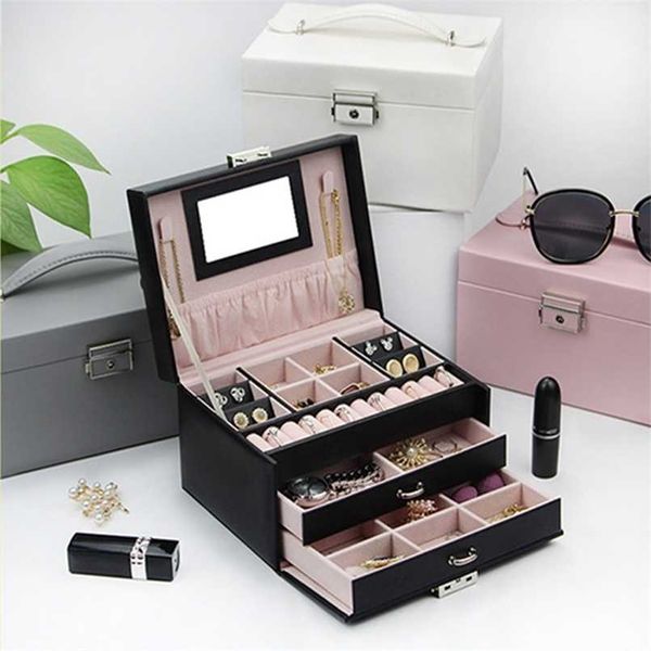 

pu jewelry organizer portable necklace earrings rings box packaging leather storage joyeros organizador de joyas 211105, Black