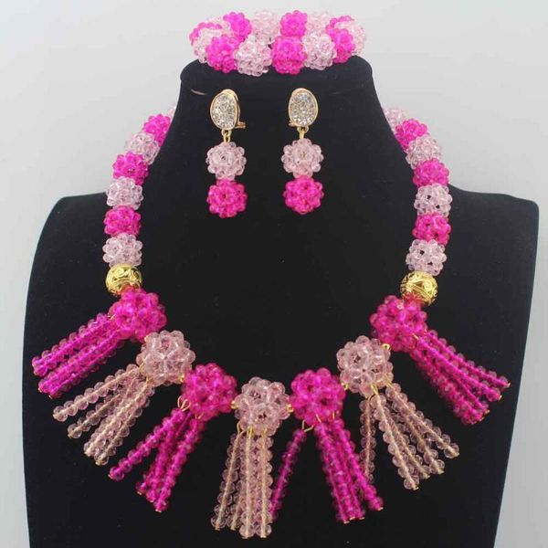

earrings & necklace pink african beads jewelry set crystal beaded nigerian wedding bridal w13964, Silver