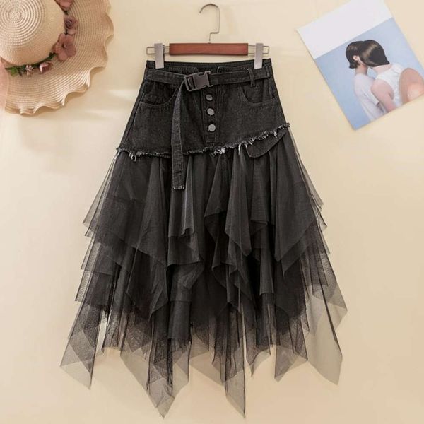 

hip hop wash 2020 summer new fashion mesh stitching high waist show thin versatile denim skirt k, Blue