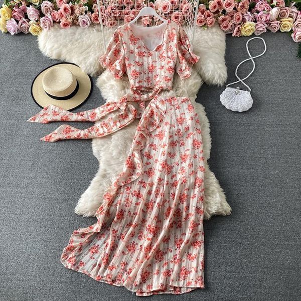 

chiffon suit set womens tracksuits short sleeve v neck bandage crop maxi skirt summer fashion women broken flower two, Gray