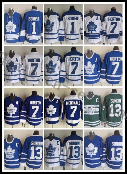 

ccm custom men stitched toronto maple leafs #1 bower/#7 horton/#7 mcdonald/#13 sundin white blue green ccm ice hockey jerseys, Black;red