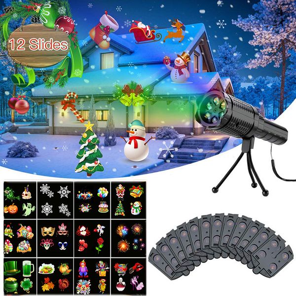 Halloween Christmas Projector Lamp Holiday Party LED Stage Light Snowflake Landscape 12 Pattern Card Torcia per illuminazione decorativa