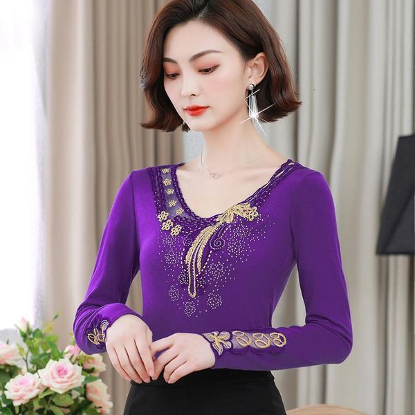 

polyester lace blouse shirt slim women blouses 2021 and winter embroidery v neck stitching diamonds plus size mesh shirt blusas, White