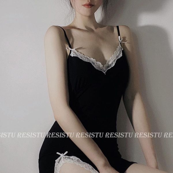 

women's sleepwear night dress women cotton pajamas cute nighty nightdress nightgown silk nightwear bedroom camisola underwear by50sy, Black;red