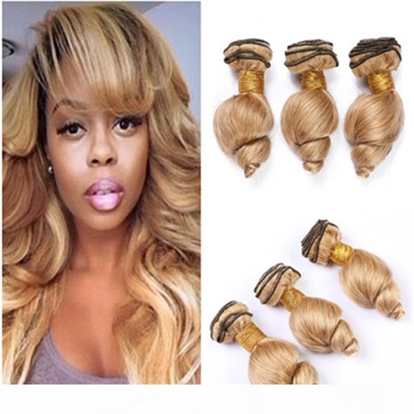 

#27 honey blonde human hair bundles loose wave virgin hair weaves strawberry blonde brazilian wavy human hair weft extensions 300gram, Black;brown