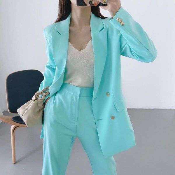 

women's two piece pants women blazer pc sets femme 2021 autumn long sleeve metal button blue jacket coat or solid, White