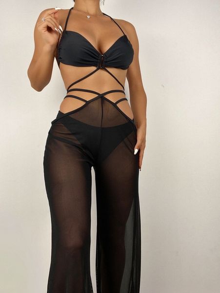 

3pack solid halter bikini swimsuit & cover up pants 09q0#, White;black