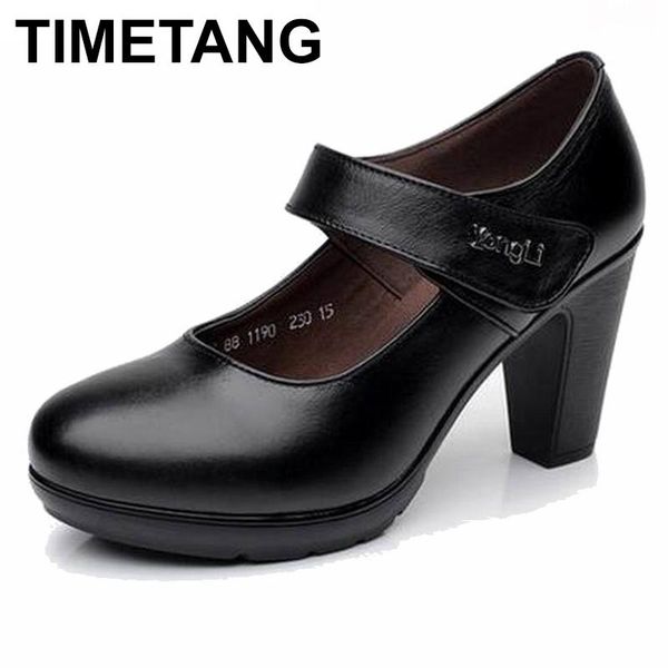 

timetang 2021 spring autumn shoes woman 100% genuine leather women pumps lady leather round toe platform shallow mouth shoes, Black