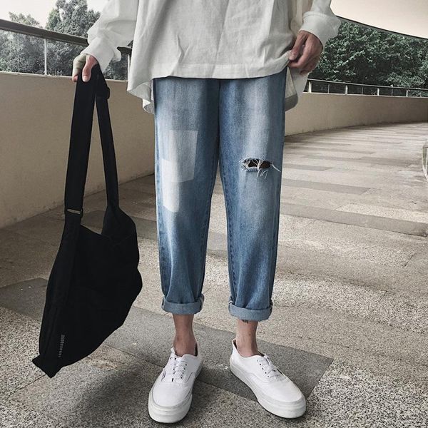 

men's jeans 2021 fashion casual harem street hip hop shattered summer trendy loose patch thin straight pants, Blue