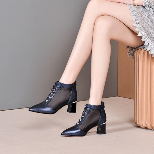 

boots mljuese 2021 women ankle sheepskin blue color pointed toe summer cut-outs high heels party dress, Black