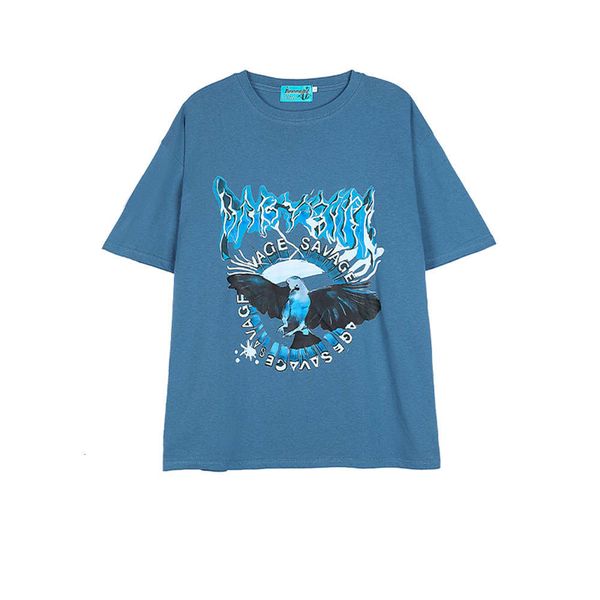 

blue eagle print short sleeve summer guochaogao street loose couple t-shirt men's and women's half fashion brand, White;black