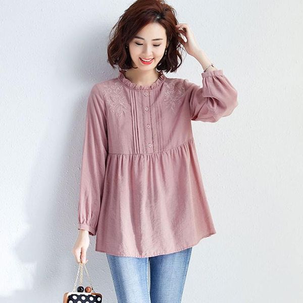 

women's blouses & shirts plus size women long sleeve 2021 autumn vintage embroidery stand collar ladies loose casual cotton s2001, White