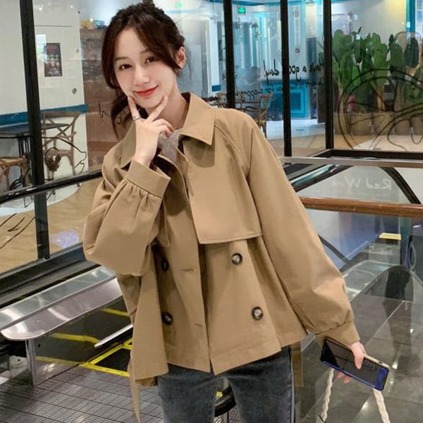 

women's trench coats khaki korean short windbreaker jacket women fashion elegant loose double-breasted coat autumn vintage casual long, Tan;black
