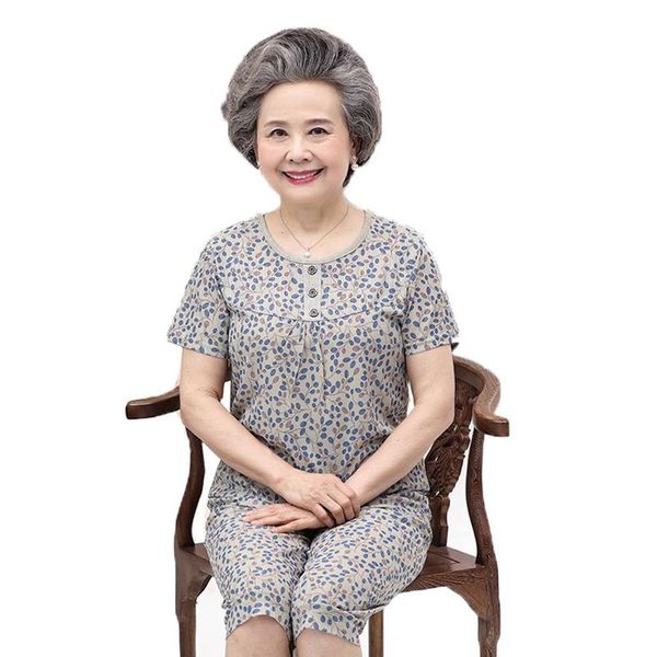

middle-aged and elderly women's suits vintage print t-shirt & seven points pants 2 pcs sets grandma summer clothing 4xl, Gray