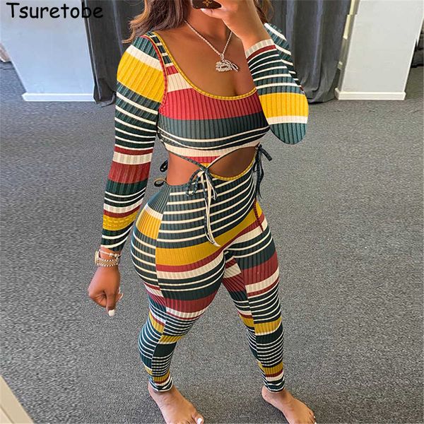 Tsuretobe Rainbow Stripes Bandage Set a due pezzi Donna aderente Crop Top Leggings a vita alta Sexy a costine Autunno 2020 Abbigliamento donna Y0625