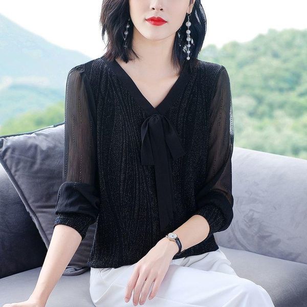 

women's blouses & shirts temperament woman western style blouse spring dress covering belly black v-neck loose slim chiffon shirt, White