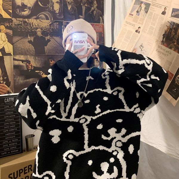 

men's sweaters pulÃ´ver masculino da moda, pulÃ´ver, suÃ©ter com estampa de urso, kawaii, gola redonda, manga comprida, tricÃ´, solto, casu, White;black