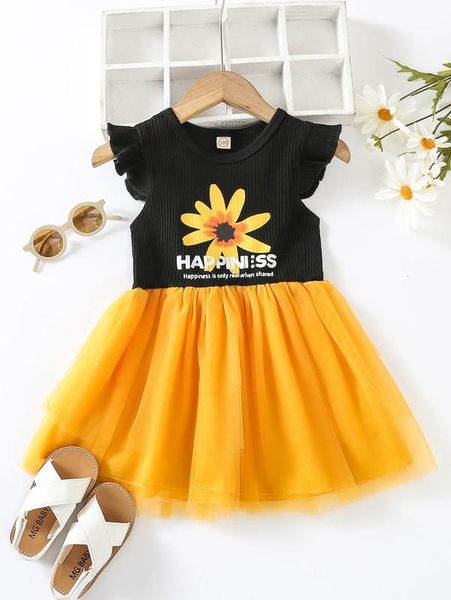 

toddler girls floral & slogan graphic ruffle cuff mesh hem dress she, Red;yellow