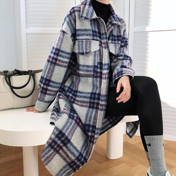 

women's wool & blends women winter woolen coats 2021 female plaid print retro warm thick long jacket outercoats korean style outwear q6, Black
