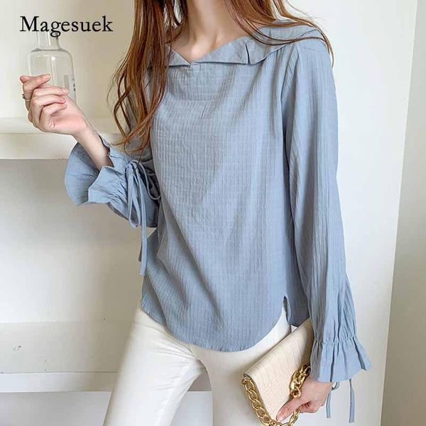 

2021 autumn women turn-down collar pullover side split shirt bow cuffs long flare sleeve solid blue blouse blusas mujer 11247, White