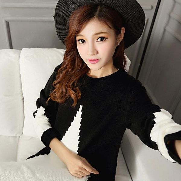 

casual dresses women's oversized stylish knitted dress patchwork o-neck long sleeves women loose knitting straight autumn 2021, Black;gray