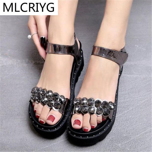 

sandals 2021 summer women wedge retro fashion rhinestone casual sewing shoes flat platform, Black