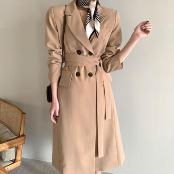 

women's trench coats vintage collar long trend windbreaker autumn casual loose elegant outwear, Tan;black