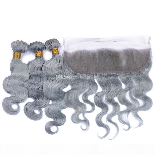 

ear to ear frontal closure and grey human hair bundles body wave wavy color gray malayian virgin hair weaves with full lace frontals, Black;brown