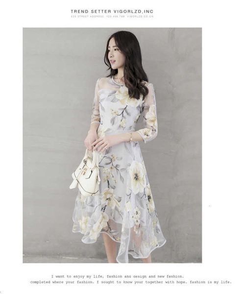 

dresses high end casual women's wear slim round neck 3 / 4 sve printed organza drs, Black;gray