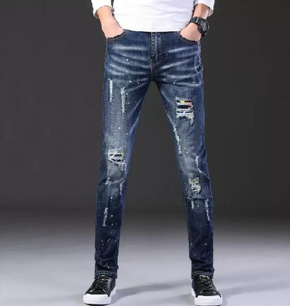 

2020 fashion casual jeans mens straight stretch dot craft little feet skinny jens men scratched blue hole denim tide pants,es686