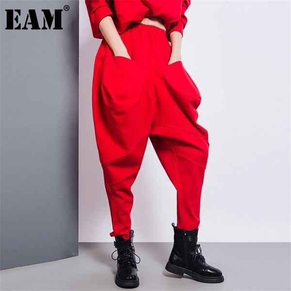 

[eam] big pockets spliced irregular high waist harem trousers loose fit pant fashion spring autumn 1dd2684 211124, Black;white