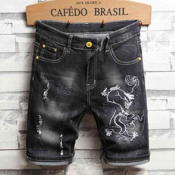 

men's shorts trend summer denim fashion dragon embroidery ripped hole locomotive elasticity black short jeans male clothing rn10, White;black