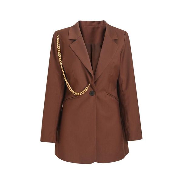 

women's suits & blazers autumn gold chain jaqueta feminina 2021 black/brown notched long sleeve blazer women casual chaqueta mujer, White;black