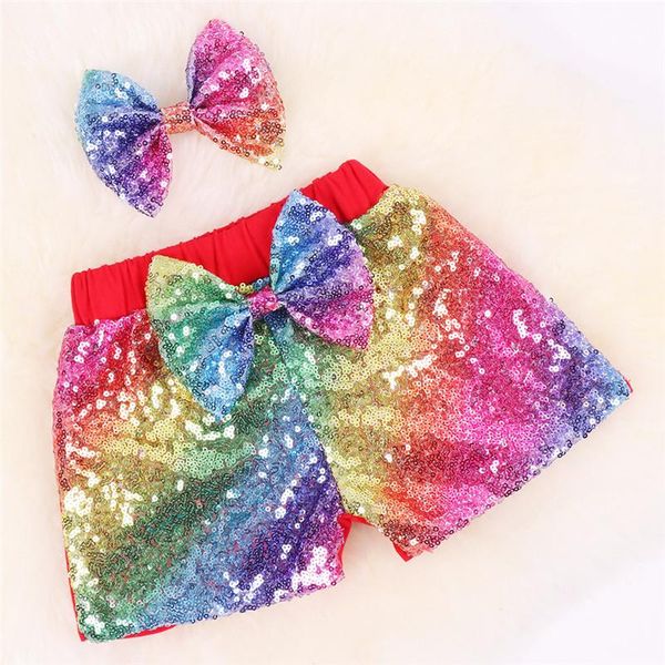 

two sides rainbow sequin shorts bows headband flower 2pcs toddler girl clothes kids dance costume cotton girls shorts 1-6t, Black